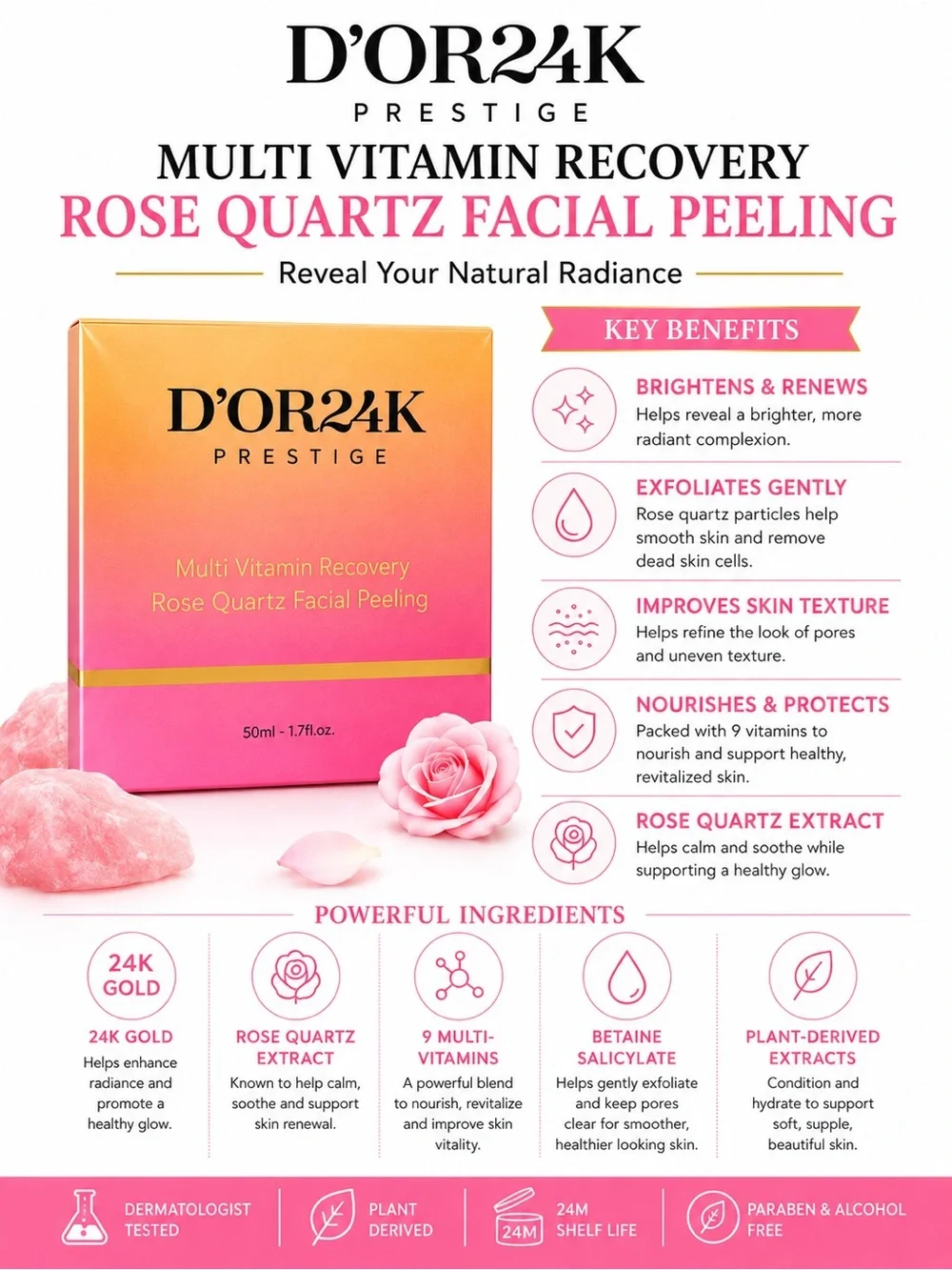 D’OR24K Prestige Rose Quartz Facial Peeling 50ml Multi Vitamin Recovery NIB
